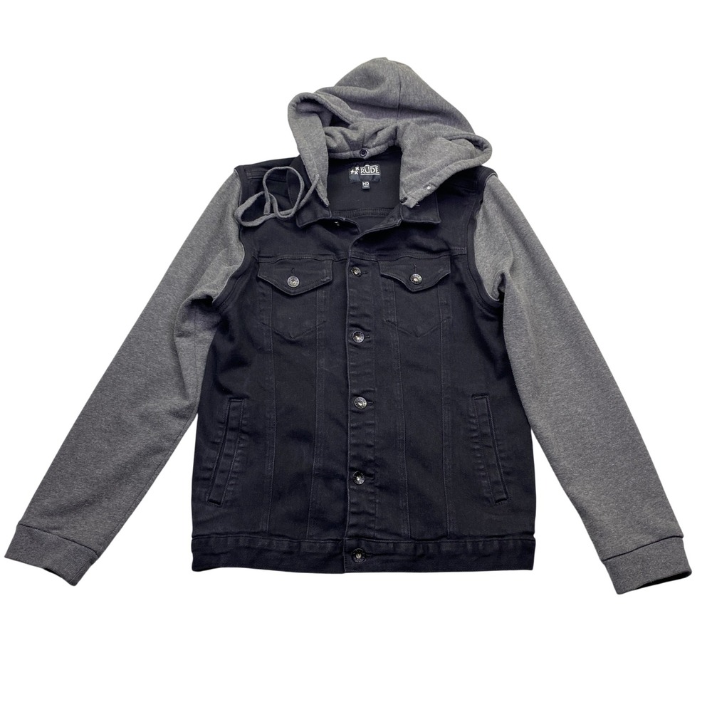 Rude Mens Black Denim Grey Hooded Trucker Jacket Mixed Media 10850945 MD